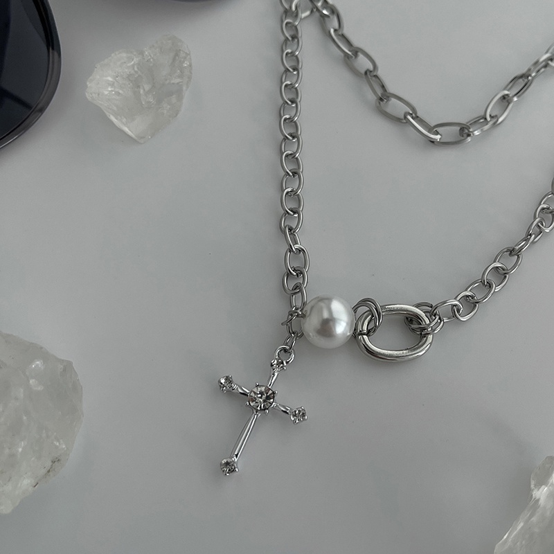 Vòng cổ Chuỗi Hạt Ngọc Trai Mặt Thánh Giá Phong Cách hip hop Cho Nam