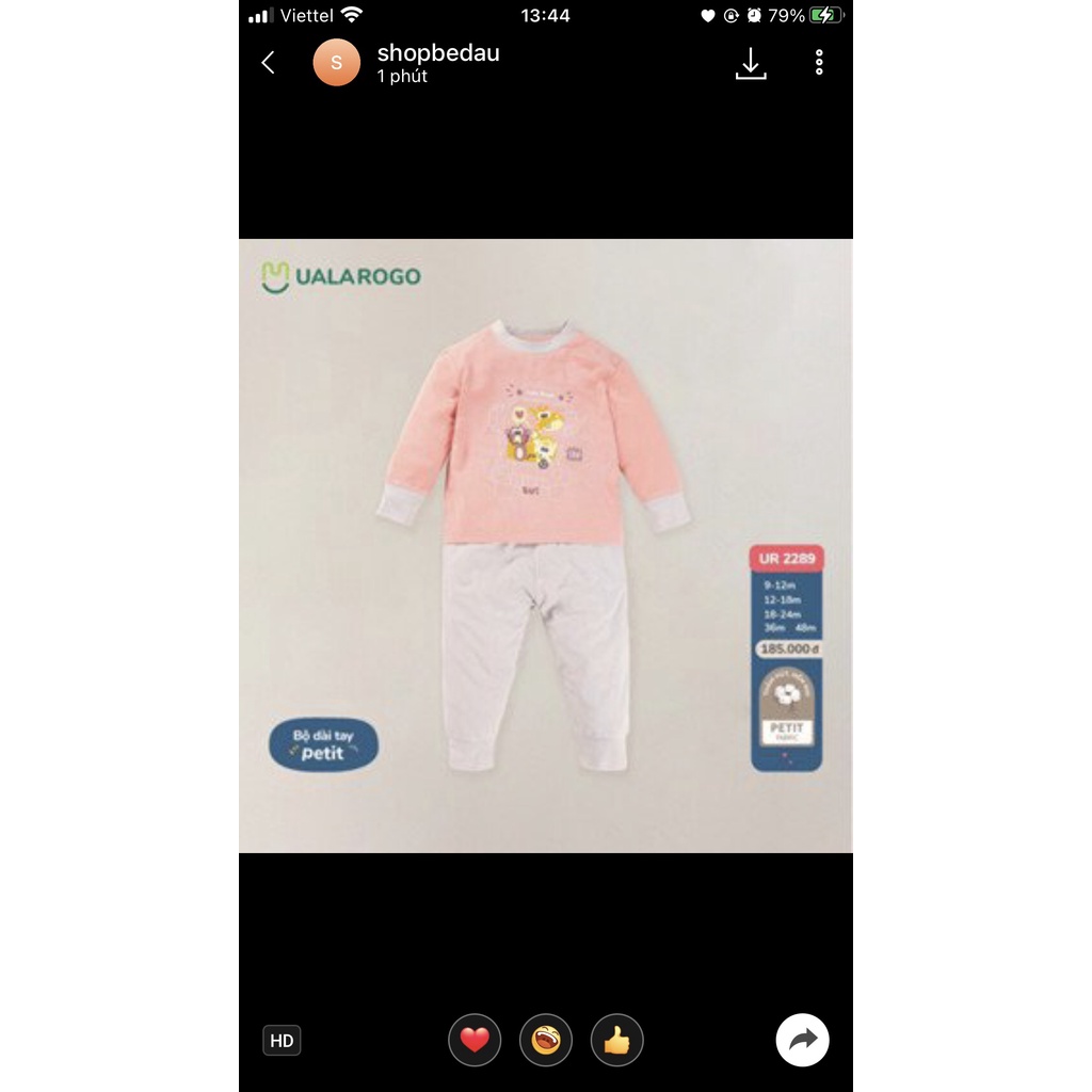 Bộ peptit uala mềm mại thu đông dành    cho bé trai bé gái