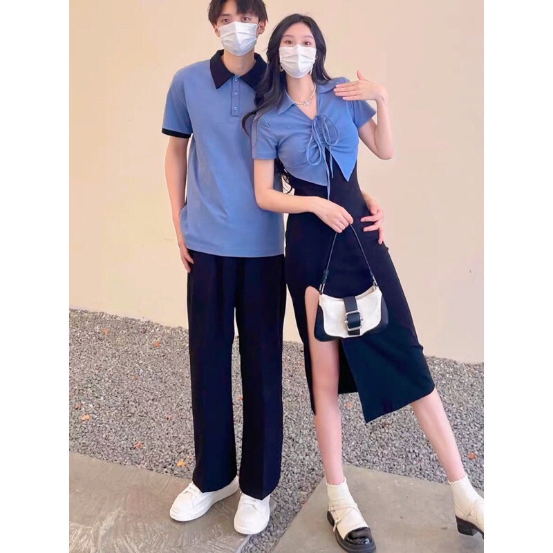 Váy thun đôi nam nữ cổ bẻ rút thun xẻ tà dễ thương xanh navy phối đen