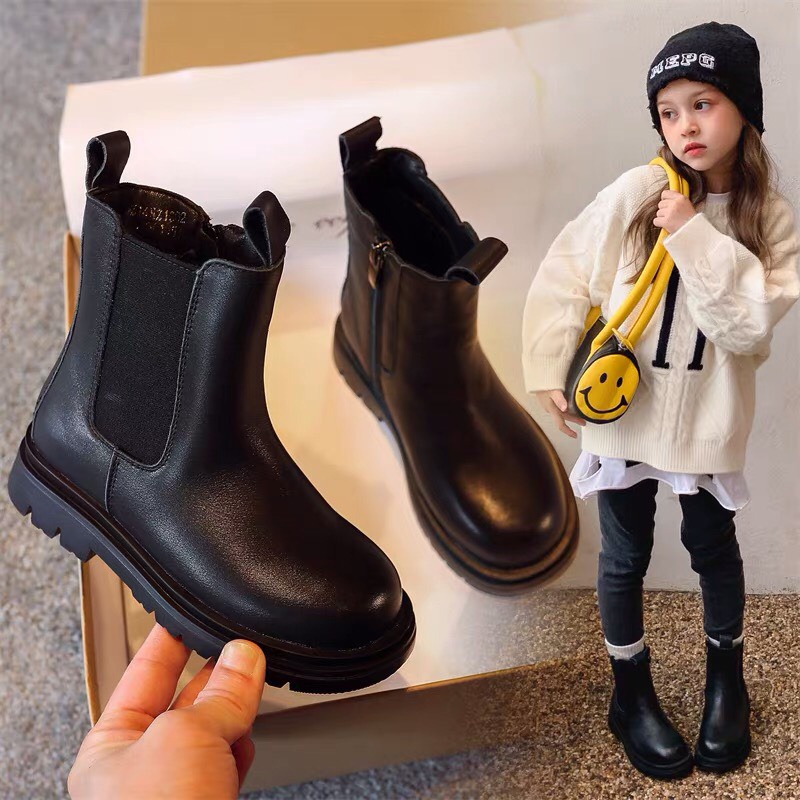 Boot da PU mềm siêu nhẹ có khóa kéo đơn giản thời trang thu đông cho bé - bốt đen trơn cho bé BO878