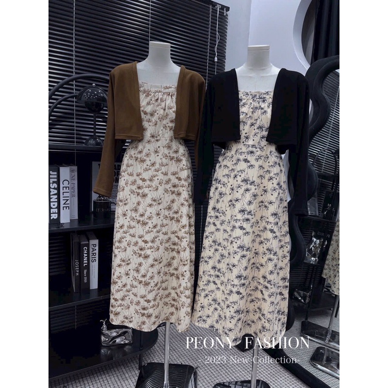 Set váy hoa kèm áo khoác len