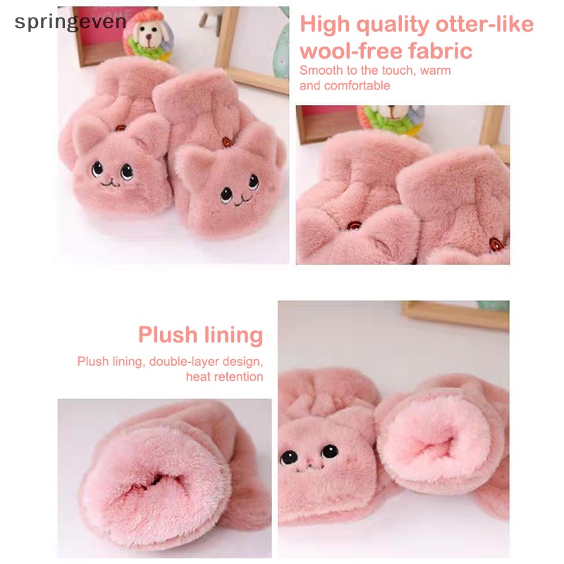 Găng Tay Lông Thỏ Mềm Mại Dày Dặn Ấm Áp Không Ngón Tay Nửa Ngón Dễ Thương Cho Nữ