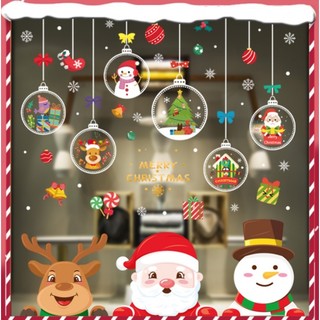 Combo-decal trang trí noel hít tĩnh điện -ông già noel cùng hai bạn đón giáng sinh bên rèm châu lấp lánh -cdn155