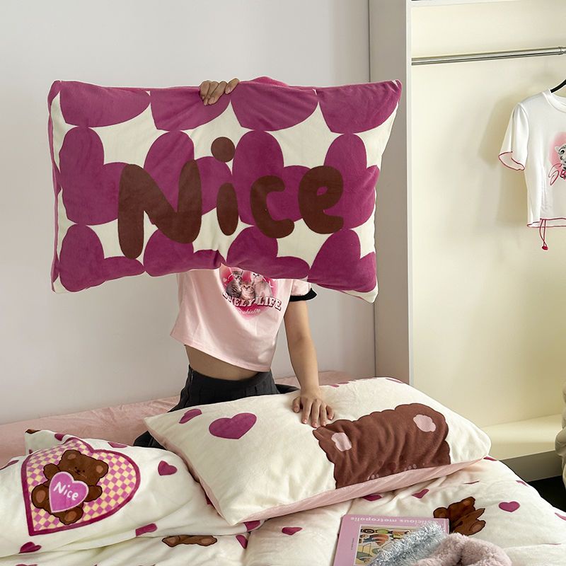 Dễ Thương Vỏ Gối Lông Cừu San Hô Dày Dặn Ấm Áp Họa Tiết Hoạt Hình Đáng Yêu