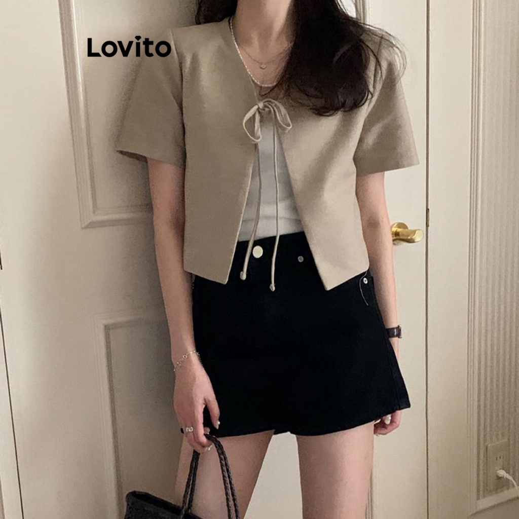 Lovito Áo blazer có dây buộc đơn giản thông thường cho nữ LNA26109 (Kaki)