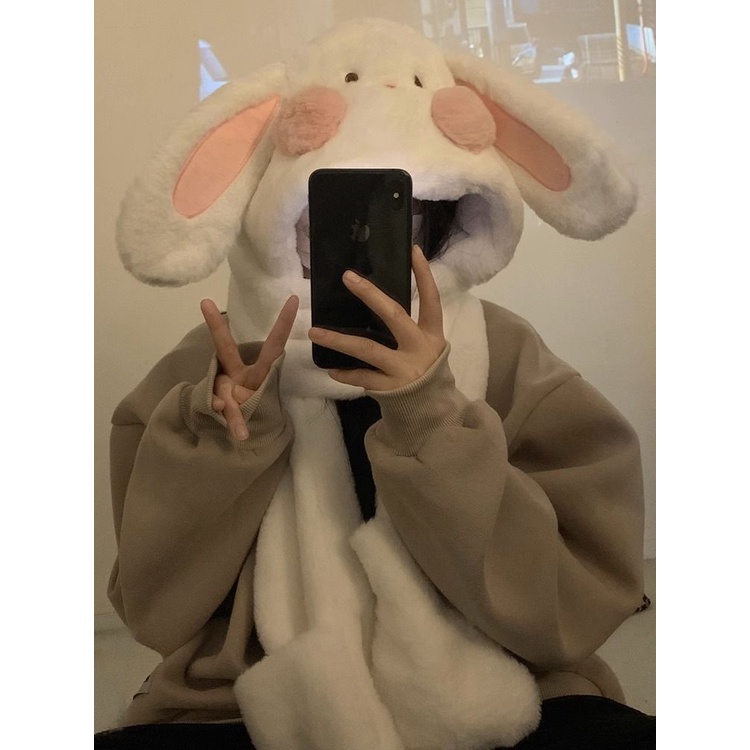 Bộ Ba Món Gồm Nón + Găng Tay + Khăn Choàng + Khăn Choàng Tai Thỏ Bằng Vải Lông Dày Dặn Ấm Áp Dễ Thương Cho Nữ