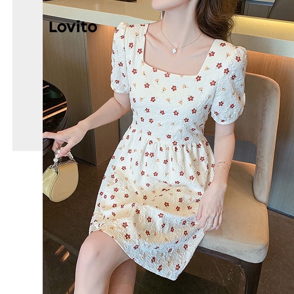 Đầm Lovito tay phồng cổ vuông hoa nhí thường ngày cho nữ LNE20186 (Nhiều màu)