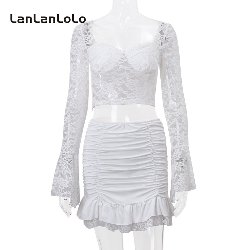 Lanlanlolo Bộ Áo Cổ Vuông Tay Chuông + Chân Váy Ngắn Màu Trơn Thời Trang 2023 Cho Nữ