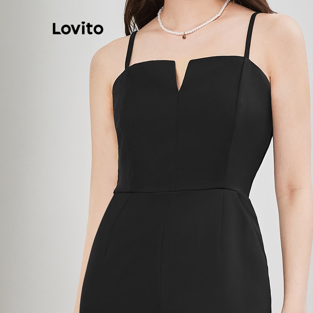 Jumpsuit Lovito cắt xẻ có túi màu trơn thanh lịch cho nữ L65ED192