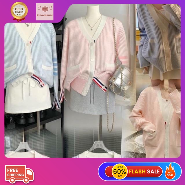 Cardigan Len Kẻ 3 Màu Có Túi Loại 1 Màu Hồng PIGGYHOUSE