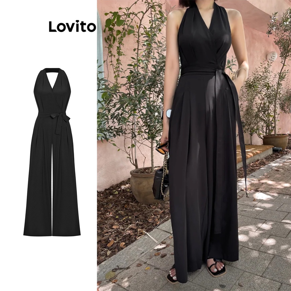 Áo liền quần Lovito lưng trần màu trơn thanh lịch cho nữ L65ED194 (màu đen)
