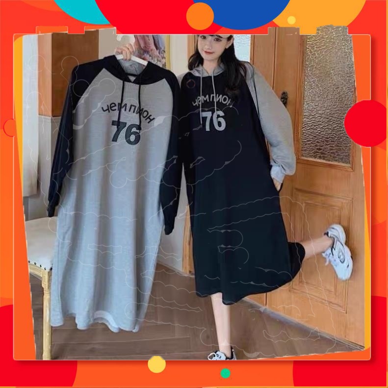 VS03 Vera Shop Váy Nỉ Bông Mũ Liền, Đầm Hoodie Dáng Dài Váy Hoodie Dài Tay Form Rộng Dễ Mặc Cực Chất