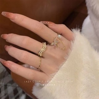 Set nhẫn mạ vàng hình bướm đính hạt giả ngọc trai