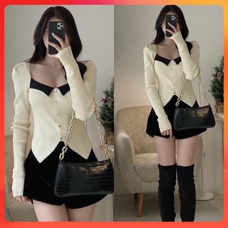  Áo len thun Montoghi CỔ VUÔNG XẺ VẠT tay phồng phối nút