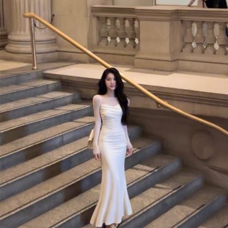 Mờ Khâu Modal Đầm Dệt Kim Nữ Mùa Thu Tính Khí Hông Đuôi Cá Váy Dài Tay Một-