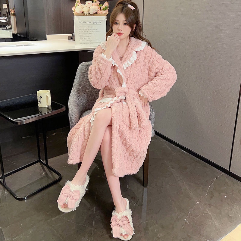 Áo Choàng Ngủ Vải Lông Cừu San Hô Dày Dặn plus size Thời Trang Thu Đông Cho Nữ