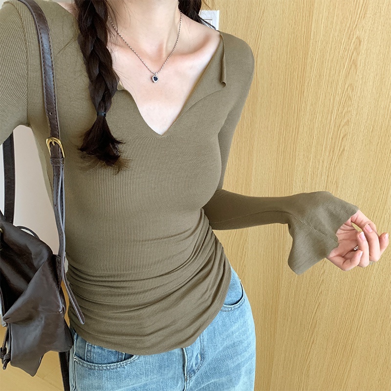 Áo thun nữ phong cách mới v-cổ loe tay tay áo dài loe, áo thu đông nữ ôm body hàng order Taobao