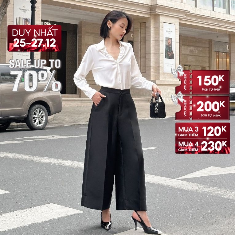 SALE UP TO 50% + VC 200K || JOVEN Quần Cullot Đen Ống Đứng Cạp Cao Tôn Dáng Thanh Lịch