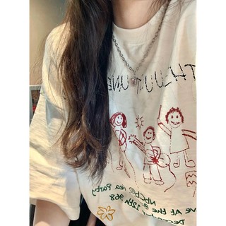 Áo Thun Cotton Tay Ngắn Cổ Tròn Dáng Rộng In Họa Tiết Dễ Thương Phong Cách Hàn Quốc Thời Trang Cho Nữ