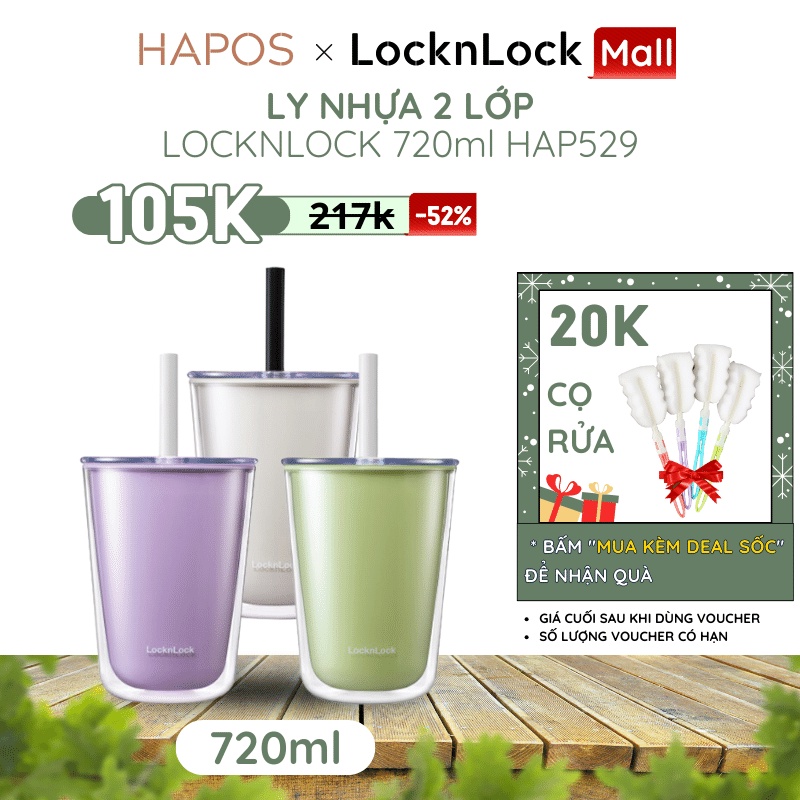 Ly nhựa 2 lớp Lock&Lock 720ml HAP529 Chính hãng, TẶNG CỌ RỬA, kèm ống hút trân châu, cách nhiệt - HAPOS OFFICIAL