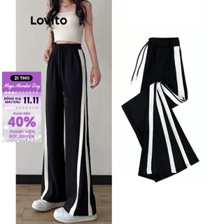  Quần Lovito cạp cao dáng suông buộc dây phối viền tương phản màu trơn thường ngày cho nữ LNE09161  Đen  