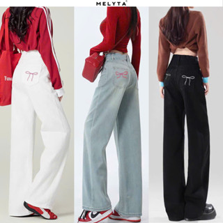 Quần Jean Kaki nữ Lưng cao Ống Suông Đứng Rộng Màu TRẮNG THÊU NƠ Túi Sau, Quần bò nữ cạp cao ống rộng Miaa Hottrend 2024