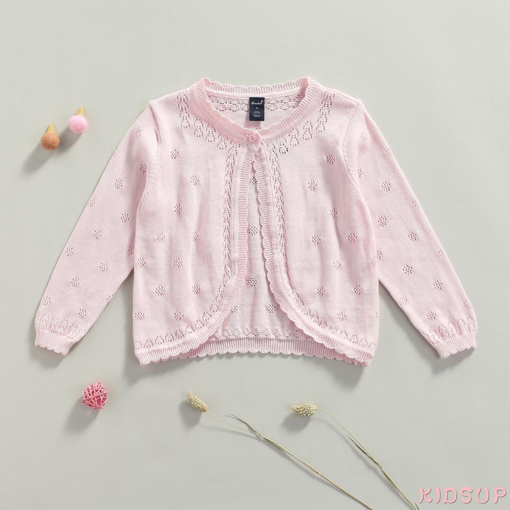 Áo Khoác cardigan Dệt Kim Tay Dài Cổ Tròn Cài Nút Dễ Thương Cho Bé Gái 1 Tuổi