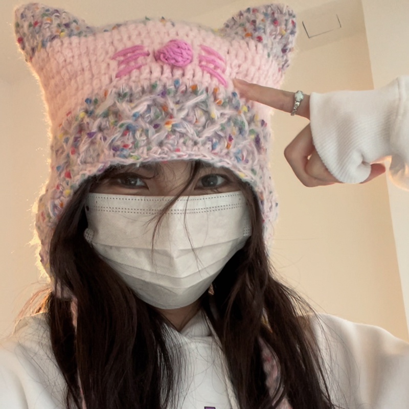 Mũ Len Dệt Kim Bảo Vệ Tai Giữ Ấm Mùa Thu Đông Hình Mèo Hồng Dễ Thương Vui Nhộn Cho Nữ