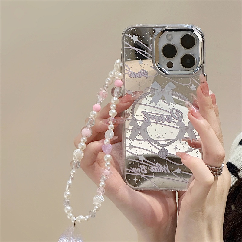 Ốp Điện Thoại mini Gắn Gương Và Dây Đeo Ngọc Trai Cho iphone 15 14 13 12 11 promax xs xr xsmax se2020 6 7 8plus