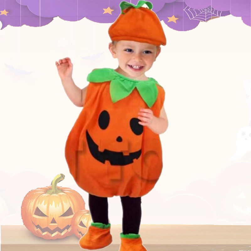 Set Đồ Hóa Trang halloween Hình Bí Ngô Bằng Vải Bông Màu Cam unisex Cho Bé