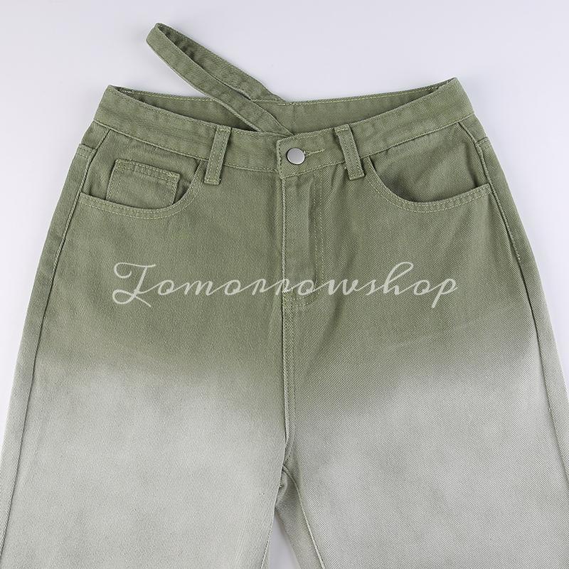 Tomorrow Quần Jean Nữ Lưng Cao Xẻ Tà Màu Xanh Lá Cây gradient Phong Cách Đường Phố vintage Gợi Cảm zwk0028