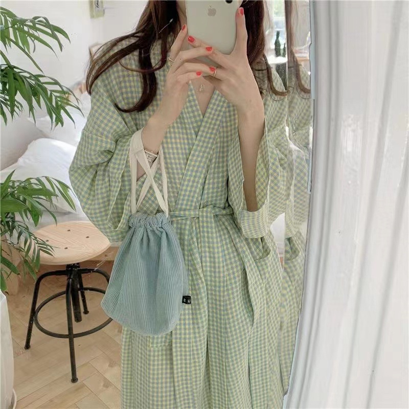🔥Đầm Ngủ Tay🔥Đầm Ngủ Tay Dài Họa Tiết Caro Dễ Thương Phong Cách Nhật Bản Cho Nữ