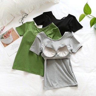 Áo thun cotton tay ngắn 2 trong 1 có mút đệm ngực