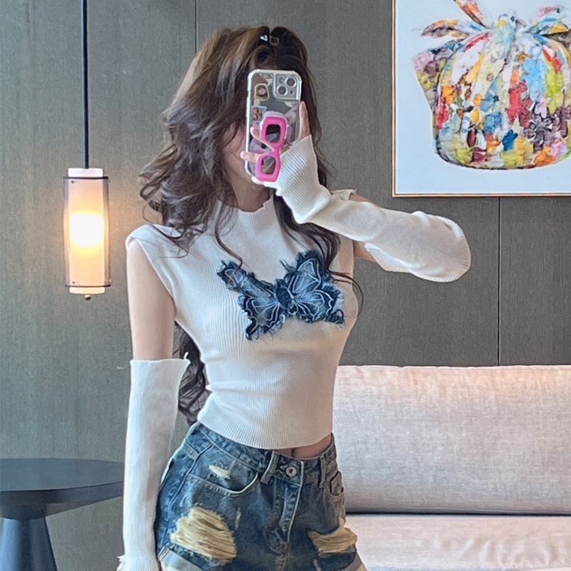 Áo Croptop Dài Tay In Hình Bướm Xinh Xắn Theo Phong Cách Hàn Quốc Dành Cho Nữ