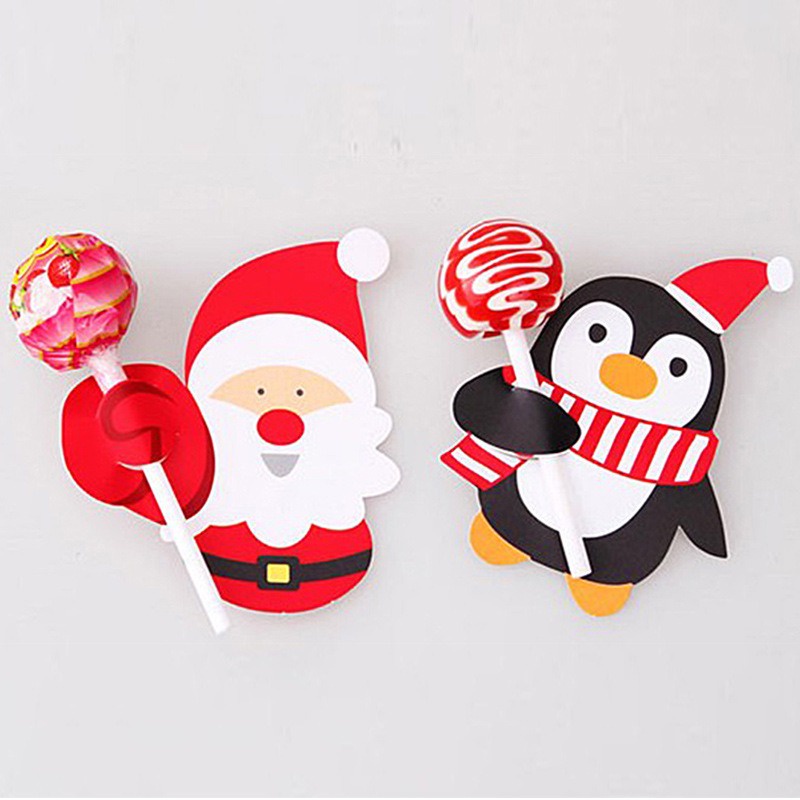 Set 50 Thẻ Giấy Trang Trí Kẹo Mút Giáng Sinh Hình Chim Cánh Cụt / Ông Già Noel