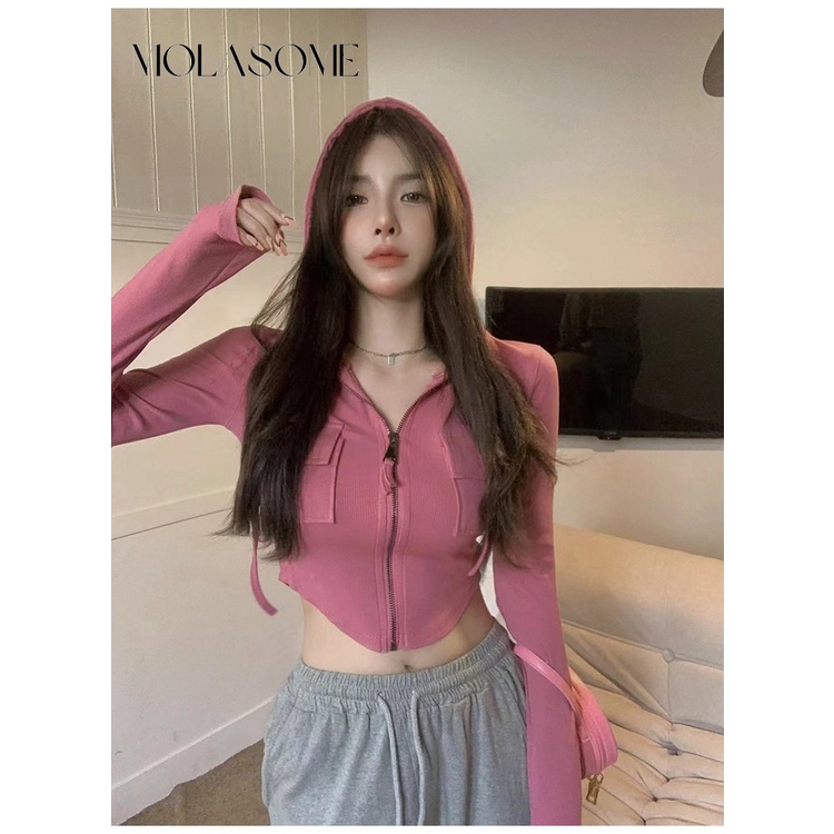 Polaroisome Áo Khoác cardigan Có Mũ Trùm Dài Tay Màu Trơn Thời Trang 2023 Cho Nữ
