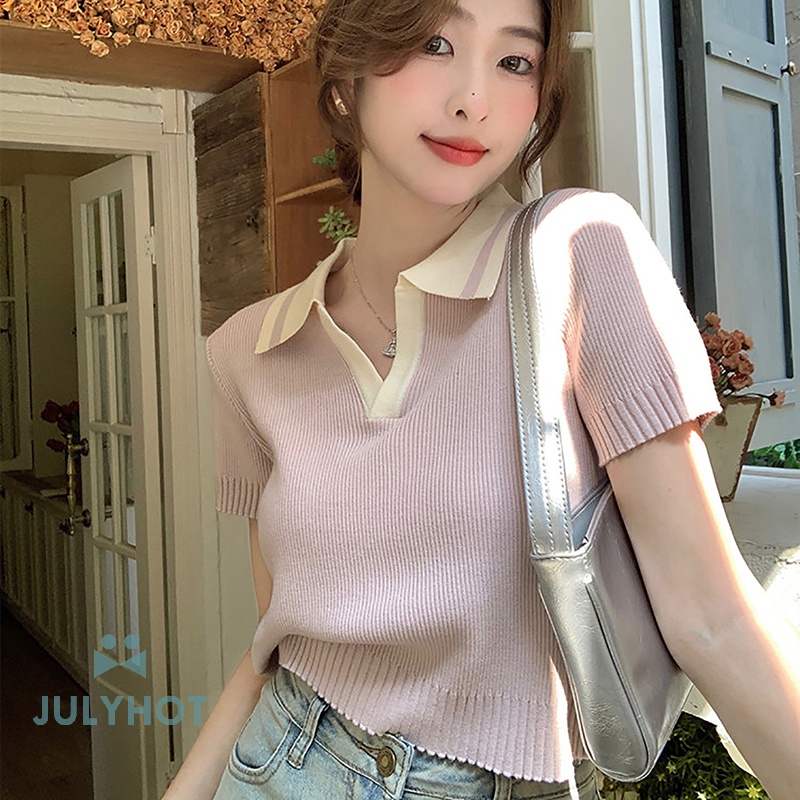Áo Thun Dệt Kim Tay Ngắn Màu Tương Phản Thời Trang Mùa Hè Cho Nữ