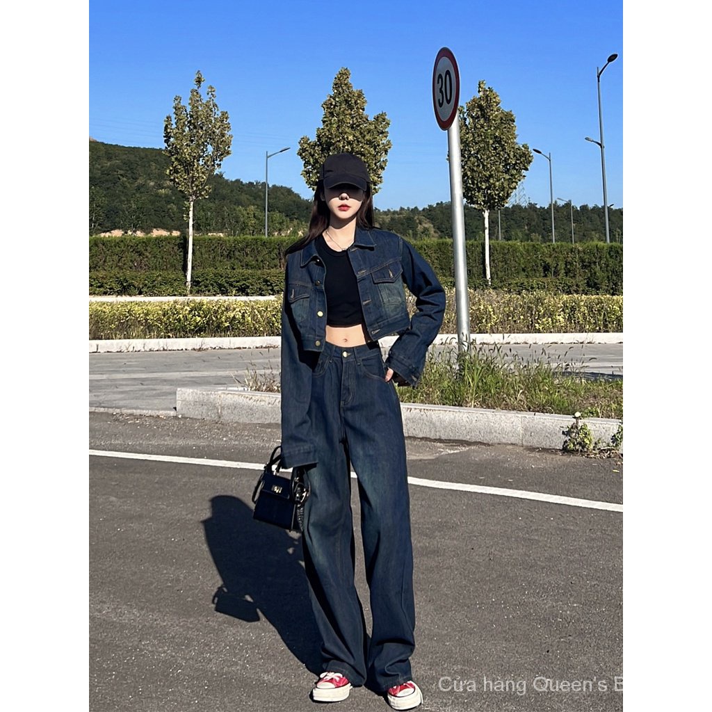 Set Áo Khoác jeans Lửng Phối Quần Jean Lưng Cao Ống Rộng Thời Trang Cho Nữ