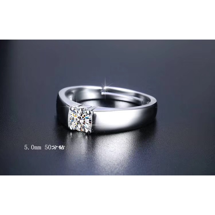 Nhẫn bạc nam nữ kim cương Moissanite 5mm xi bạch kim, kiểm định GRA sang trọng Freesize