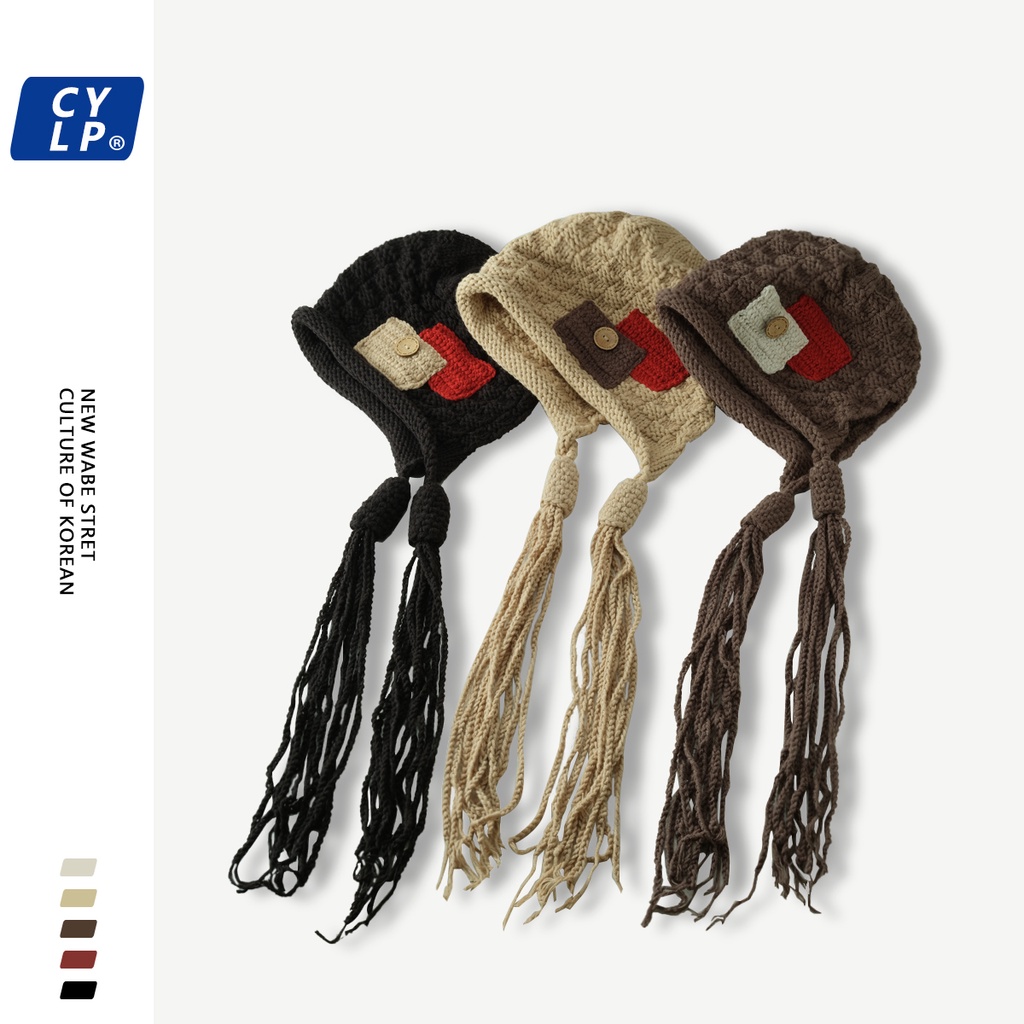 Mũ Len Dệt Kim Đính Nút Phối Tua Rua Phong Cách Trung Hoa Thời Trang Thu Đông Cho Nữ