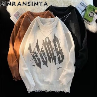 Sinransinya Áo sweater Dệt Kim In Chữ Dây Xích Cao Cấp Phong Cách hip hop Đường Phố Mỹ Hàng Mới Dành Cho Nam Nữ