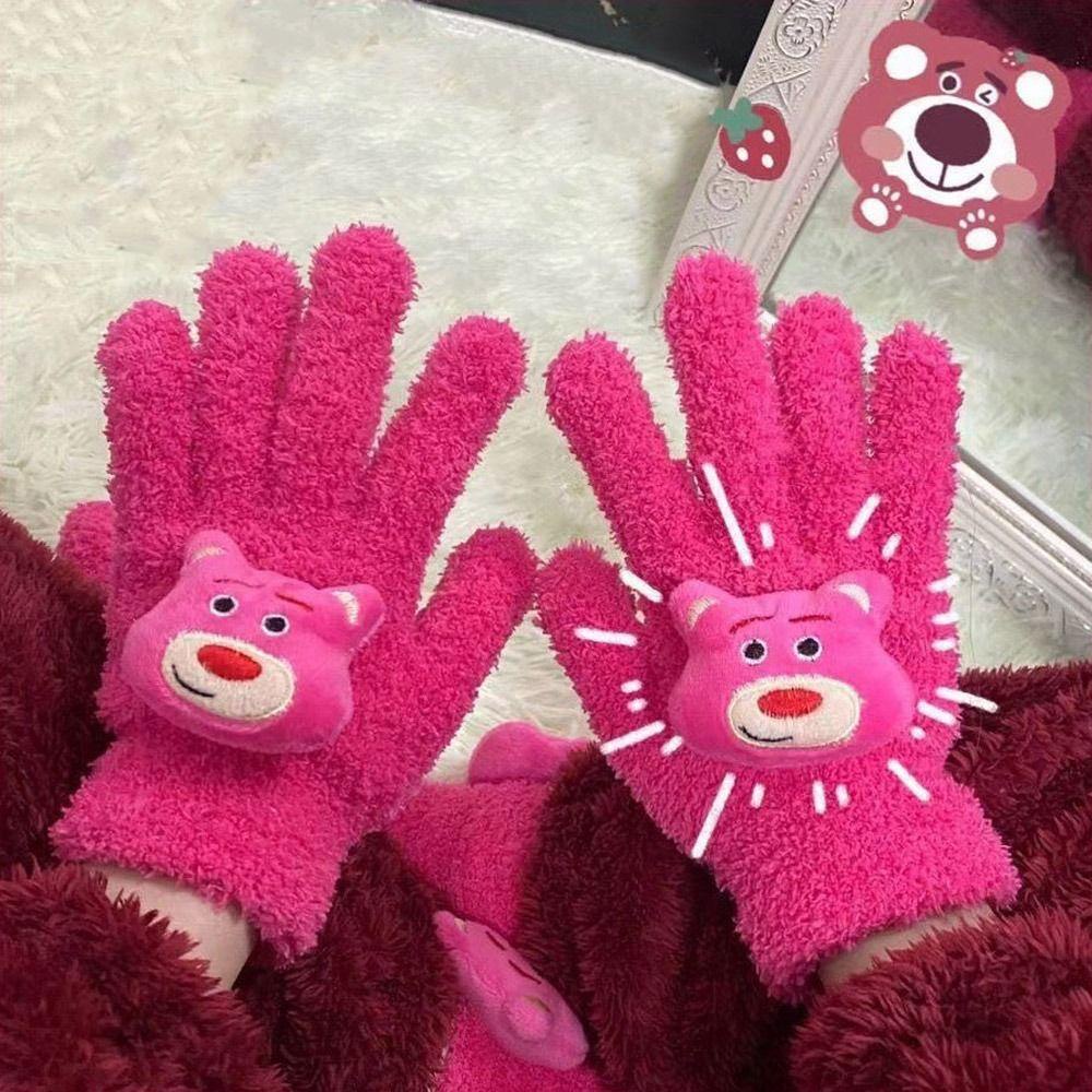 Găng Tay Lái Xe Năm Ngón Hình Gấu Bông Đôi Mắt To Bằng Lông Cừu San Hô kawaii Toàn Ngón Giữ Ấm Mùa Đông