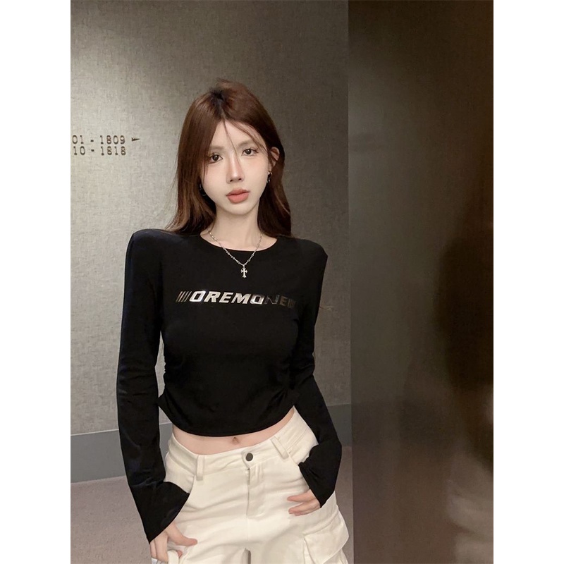 Áo Thun cotton Tay Dài Màu Đen Phong Cách retro Mỹ Cho Nữ