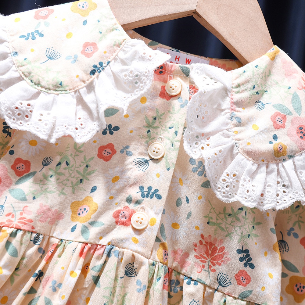 Đầm Công Chúa Tay Dài Cổ Bẻ In Họa Tiết Hoa Thời Trang Xuân Thu Cho Bé Gái