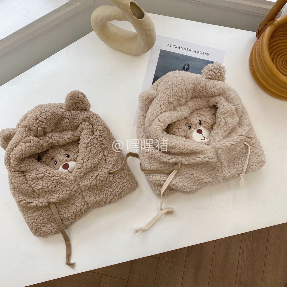 PVN23742 Mũ Len Lông Cừu Trùm Tai Kèm Khẩu Trang Hình Gấu