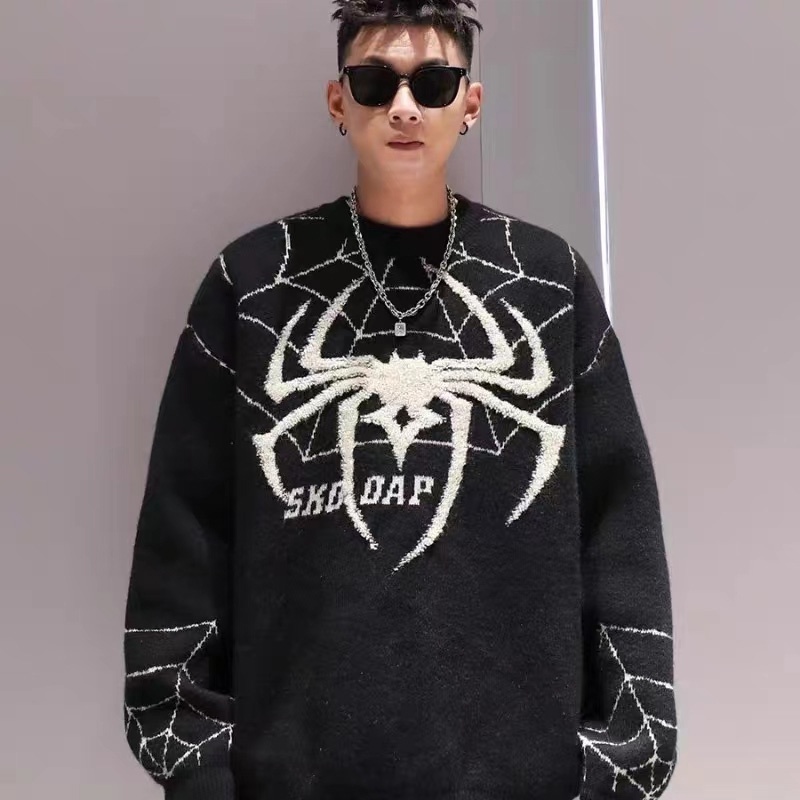 Áo sweater Tay Dài Dáng Rộng In Hình Nhện Phong Cách retro Mỹ Cho Nam