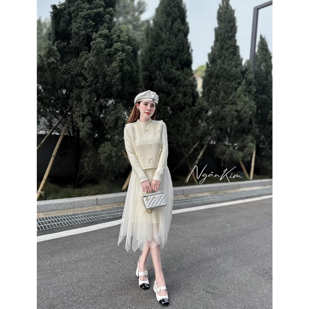 Set váy len chân voan áo gile đính nơ hàng QC