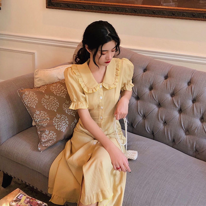 Thời Trang Đầm Tay Phồng Cổ Búp Bê Màu Trơn Ngọt Ngào Phong Cách Hàn Quốc