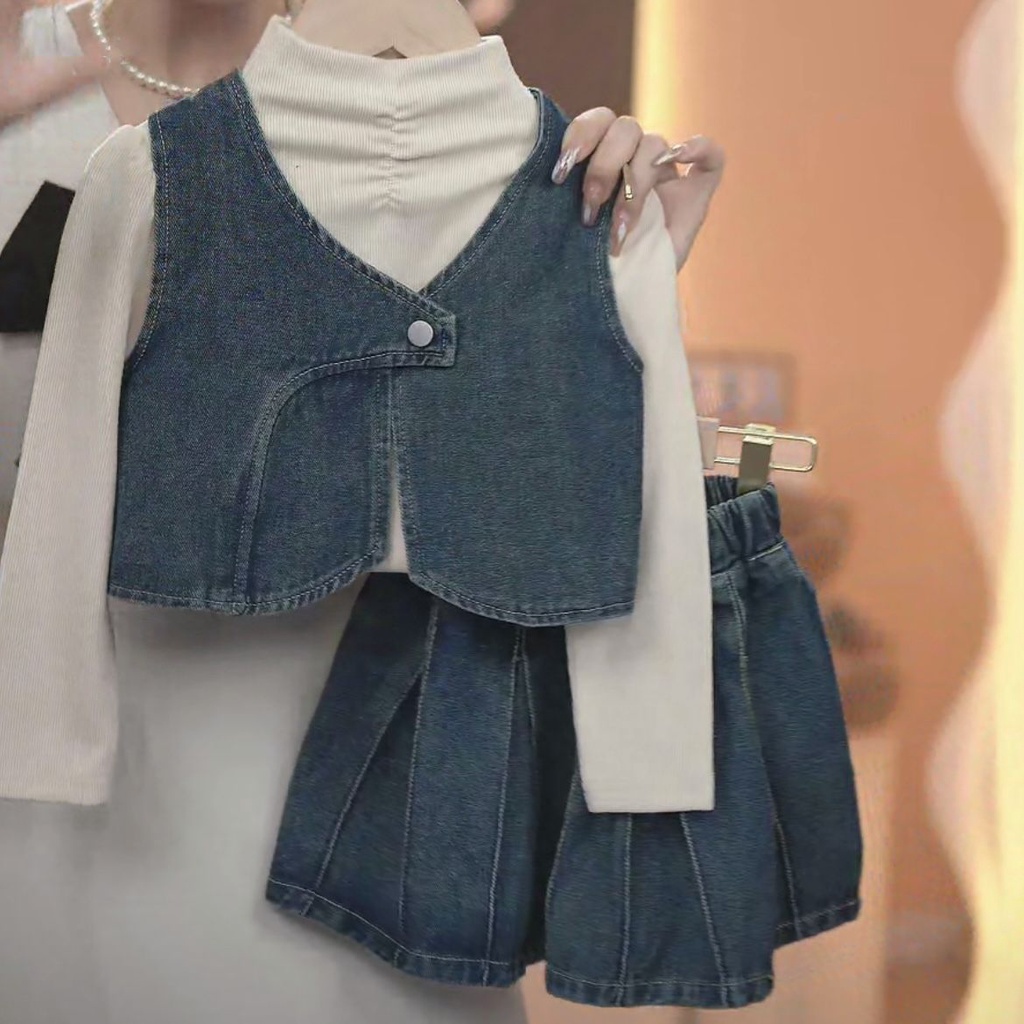 Set Đồ denim Ba Món Phong Cách Hàn Quốc Thời Trang Mùa Thu Mới 2023 Cho Bé Gái
