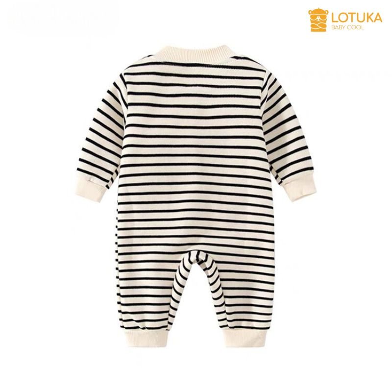 Body LOTUKA Cho Bé, Bodysuit Tăm Thu Kẻ Đính Gấu Cho Bé Trai Bé Gái, Bộ Liền Thân Dài Tay Size 3-12kg